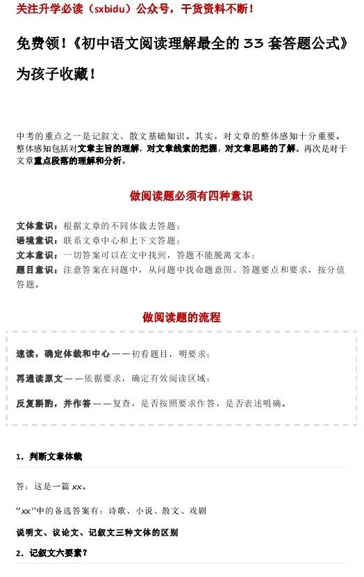 资料丨《初中语文阅读理解最全的33套答题公